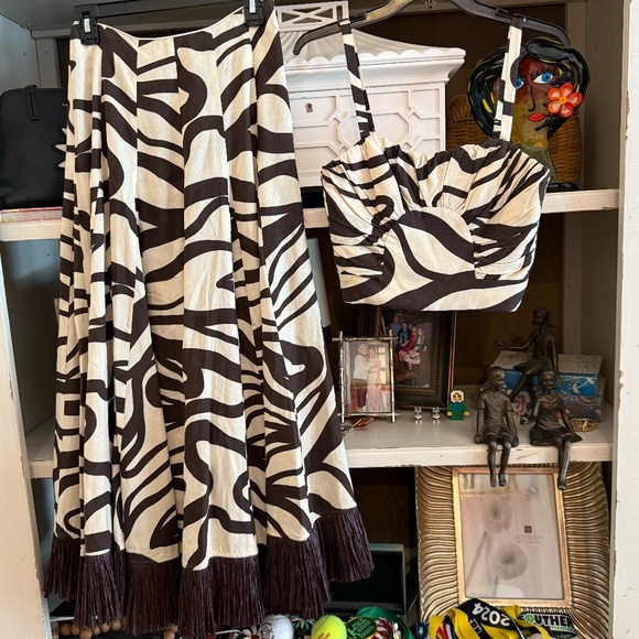 ANTONIO MELANI Style Somers Swirl Print Linen Blend Straw Trim Two Piece sz 0 - Picture 2 of 7